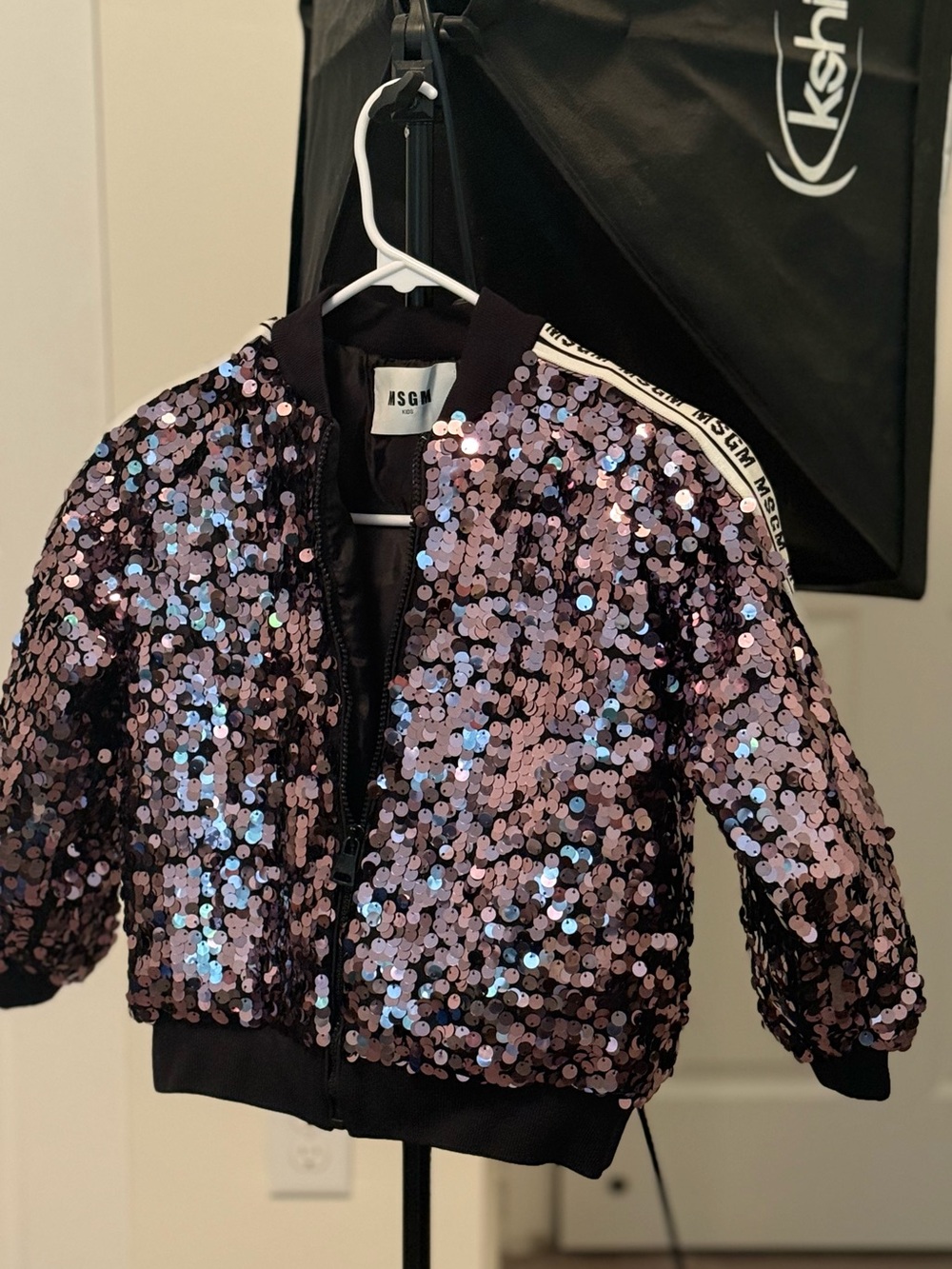 MSGM Kids Sequin Bomber Jacket Girls Size 8 Rose Gold Black Made in Italy